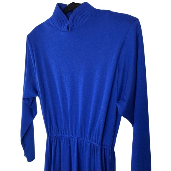 Vintage blue mock neck belted midi dress long sleeve cobalt blue electric size M - Picture 3 of 6